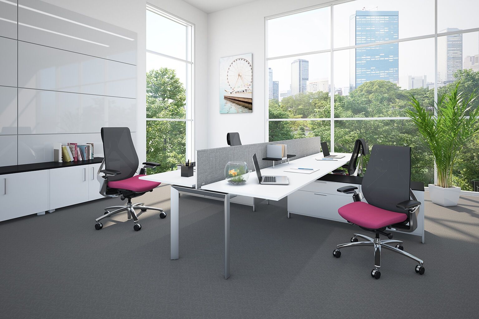 sol task chair with black mesh and pink fabric